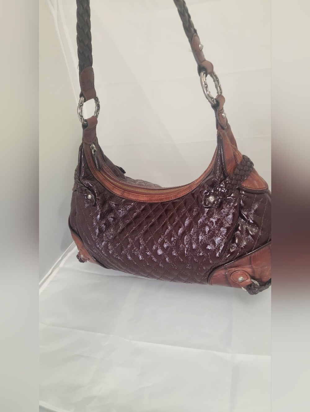 Brighton Burgundy Braided Strap  Quilted Patent Leather Hobo Bag Great Shape!!